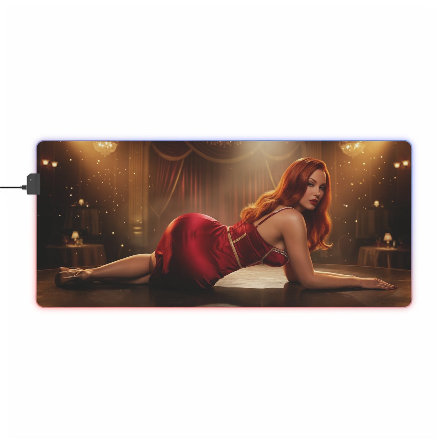 Who Framed Roger Rabbit Mouse Pad – Jessica Rabbit LED Desk Mat, RGB Room Decor, Gift for Gamer featuring Jessica Rabbit reclining in a red dress with LED edge lighting