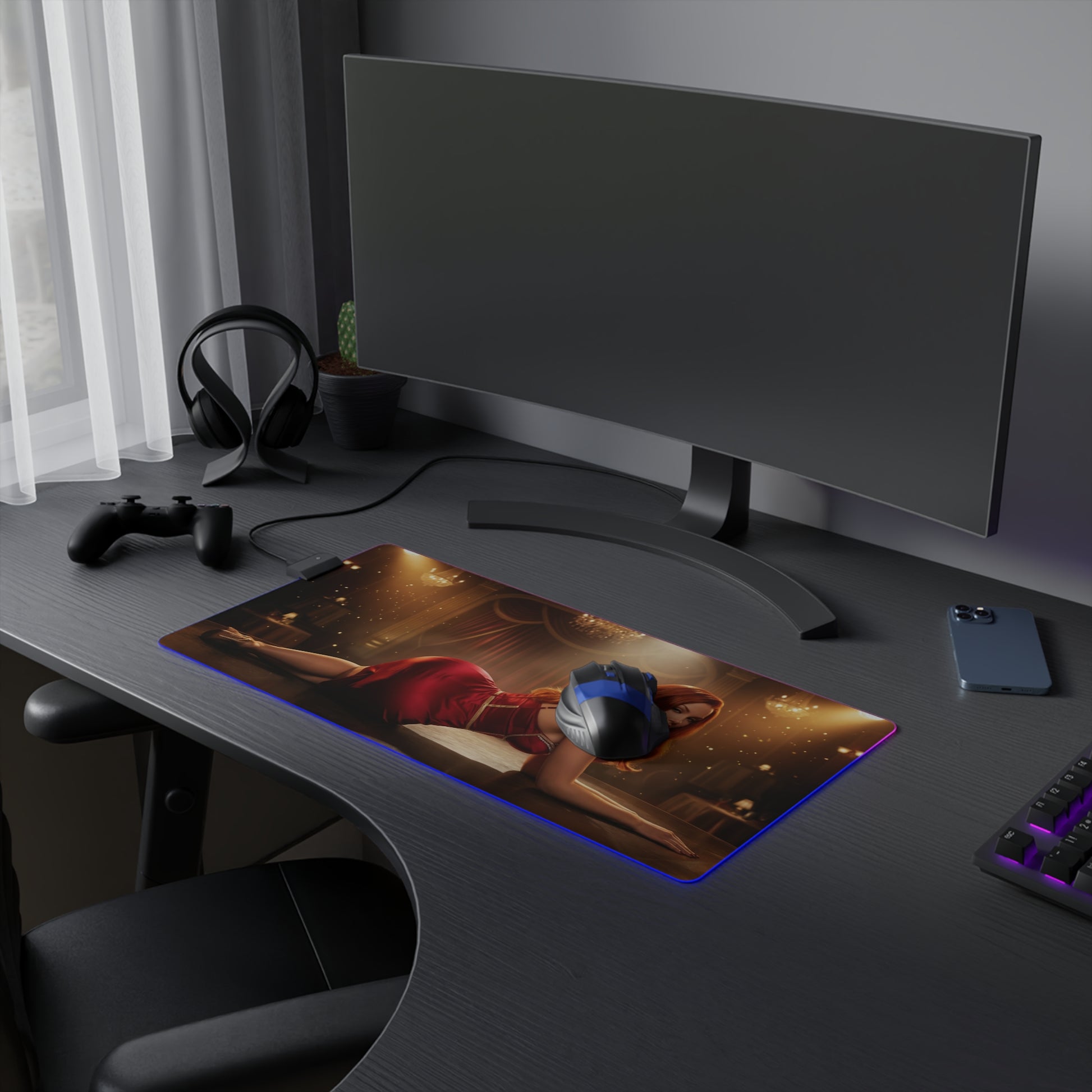 Who Framed Roger Rabbit Mouse Pad – Jessica Rabbit LED Desk Mat, RGB Room Decor, Gift for Gamer on gaming desk with LED edges