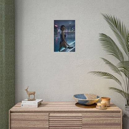 Resident Evil Poster – Jill Valentine Art Print, Survival Horror Wall Art showing Jill at a rooftop pool with neon city skyline and reflective water