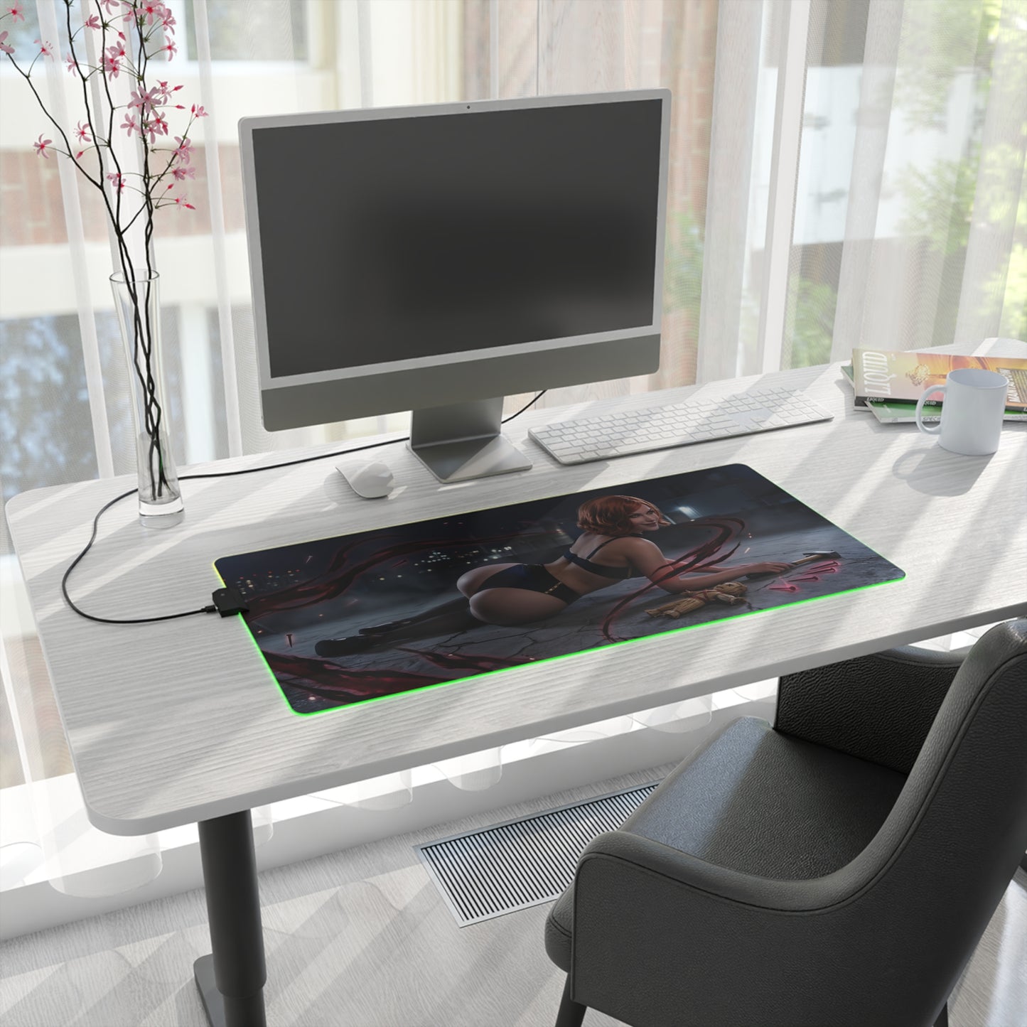 Jujutsu Kaisen Mouse Pad, Nobara Kugisaki LED RGB Desk Mat, Gift for Gamer, Anime Room Decor - Nobara fierce hammer LED desk mat on white gaming desk
