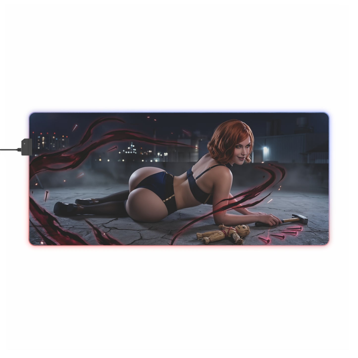 Jujutsu Kaisen Mouse Pad, Nobara Kugisaki LED RGB Desk Mat, Gift for Gamer, Anime Room Decor featuring Nobara in fierce pose on urban night gaming mat