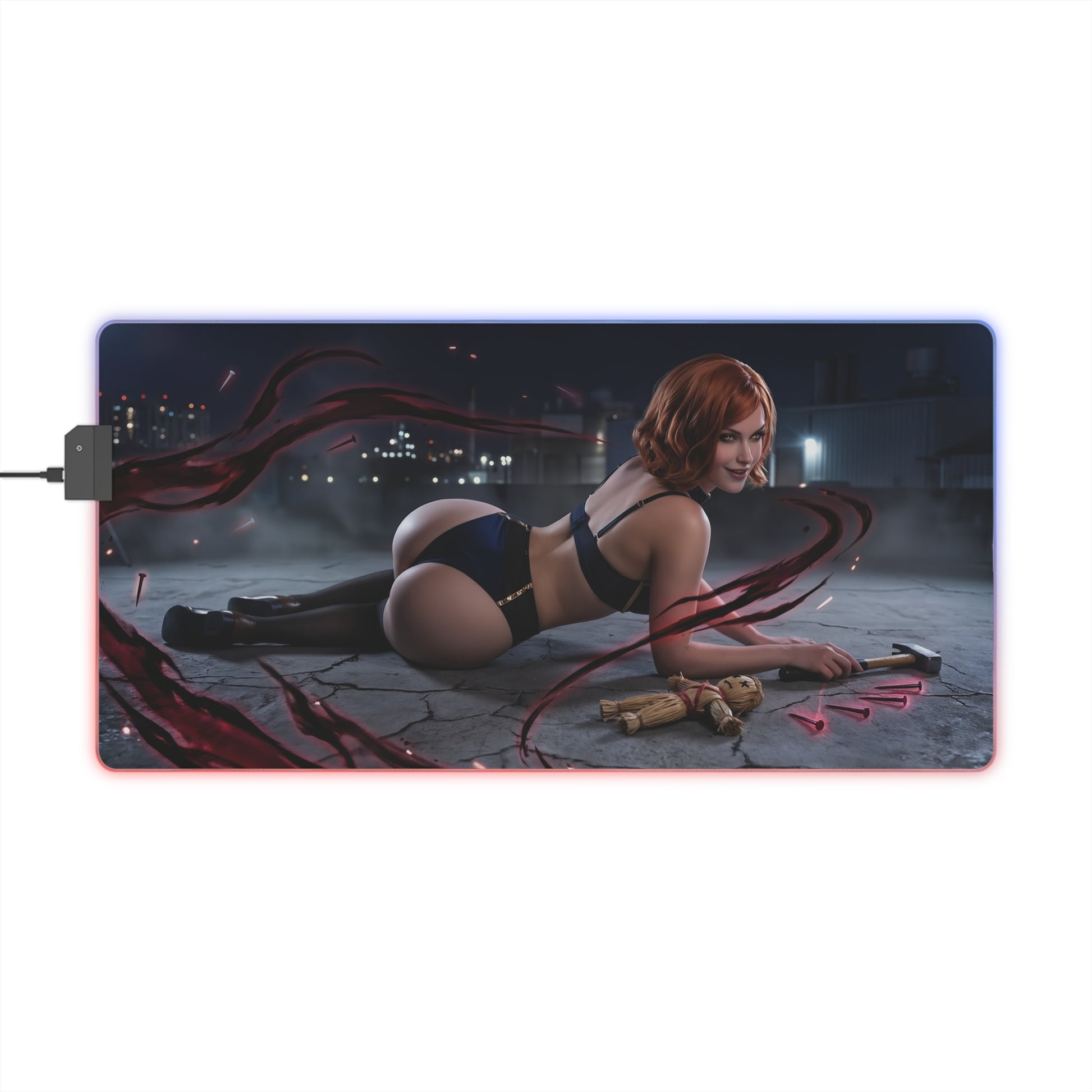 Jujutsu Kaisen Mouse Pad, Nobara Kugisaki LED RGB Desk Mat, Gift for Gamer, Anime Room Decor - Nobara fierce pose on LED desk mat with hammer art