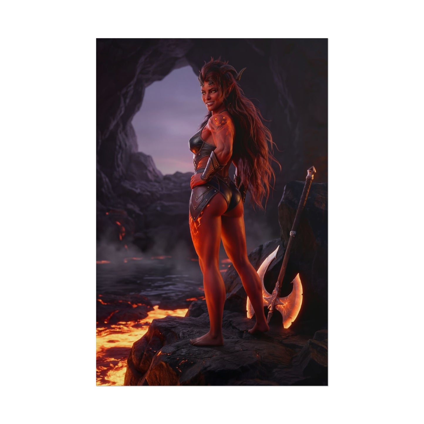 Baldur’s Gate Poster – Karlach Art Print, Fantasy RPG Wall Art showing tiefling warrior on volcanic rocks with glowing lava and battle axe