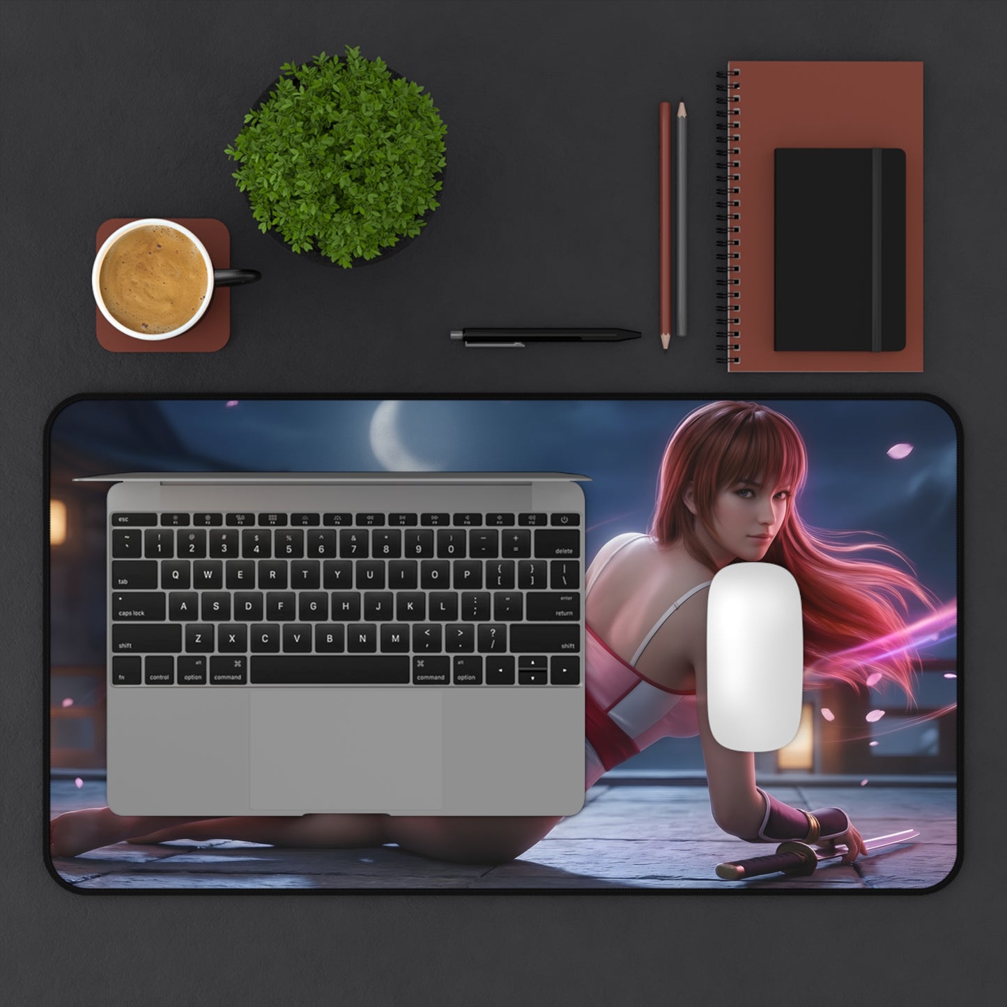 Kasumi Mouse Pad – Fighting Game Gaming Mouse Pad, Stylish Gamer Desk Decor showing Kasumi artwork on large desk mat with laptop and mouse