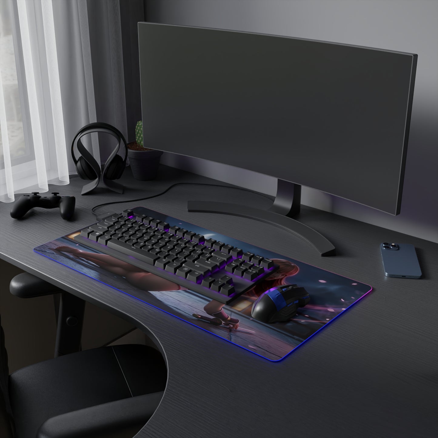 Kasumi RGB Mouse Pad – Fighting Game LED Desk Mat, Gamer Room Decor showing heroine artwork, RGB edge lighting, extended anti-slip gaming desk mat