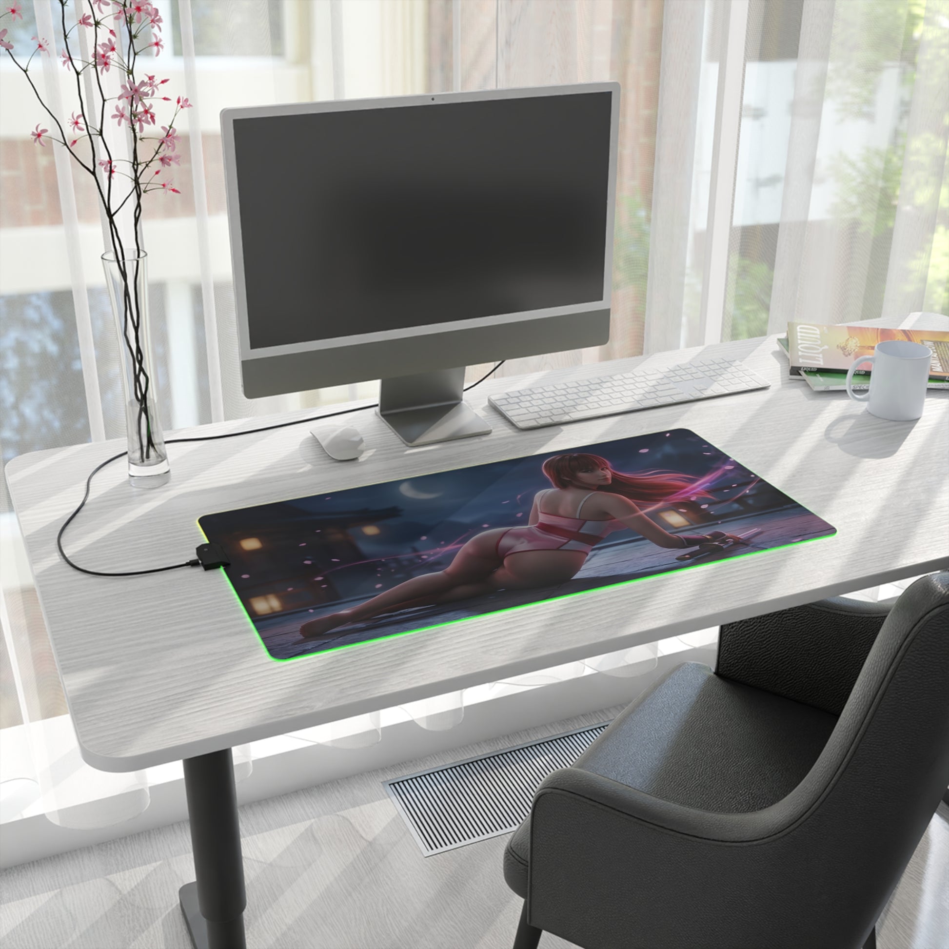Kasumi RGB Mouse Pad – Fighting Game LED Desk Mat, Gamer Room Decor on modern white desk with RGB edge lighting and heroine artwork