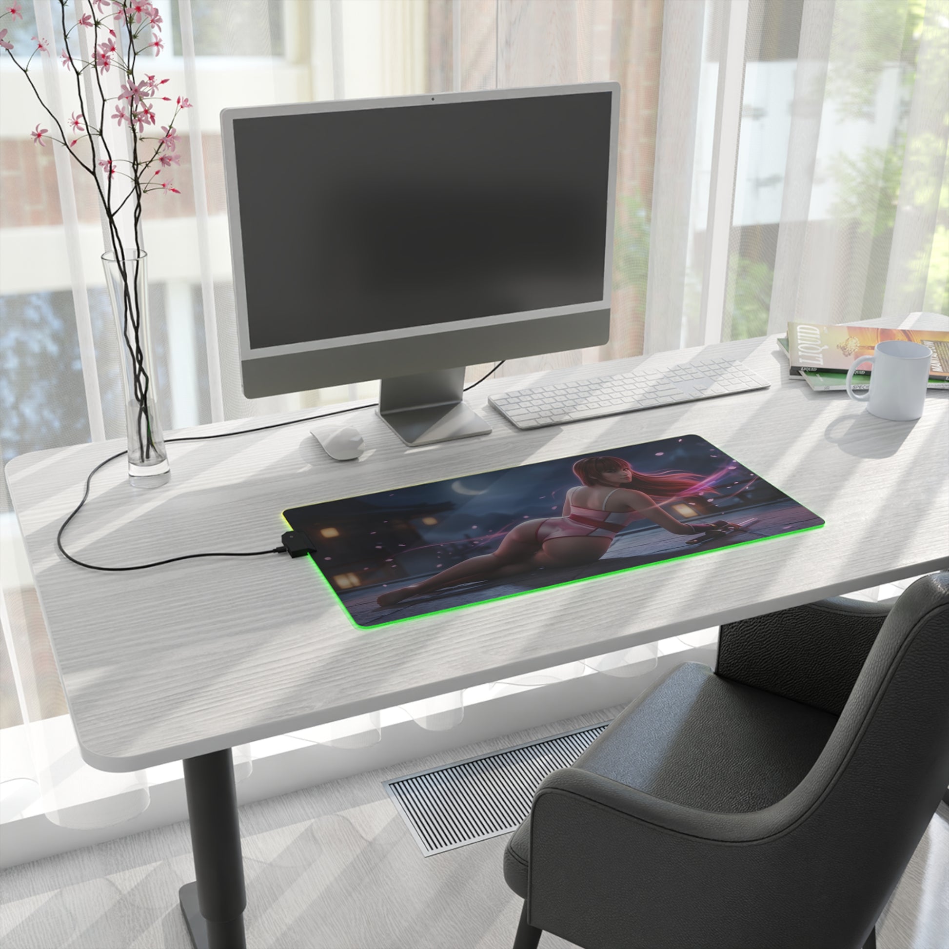Kasumi RGB Mouse Pad – Fighting Game LED Desk Mat, Gamer Room Decor on minimalist white desk with RGB edge lighting and heroine artwork