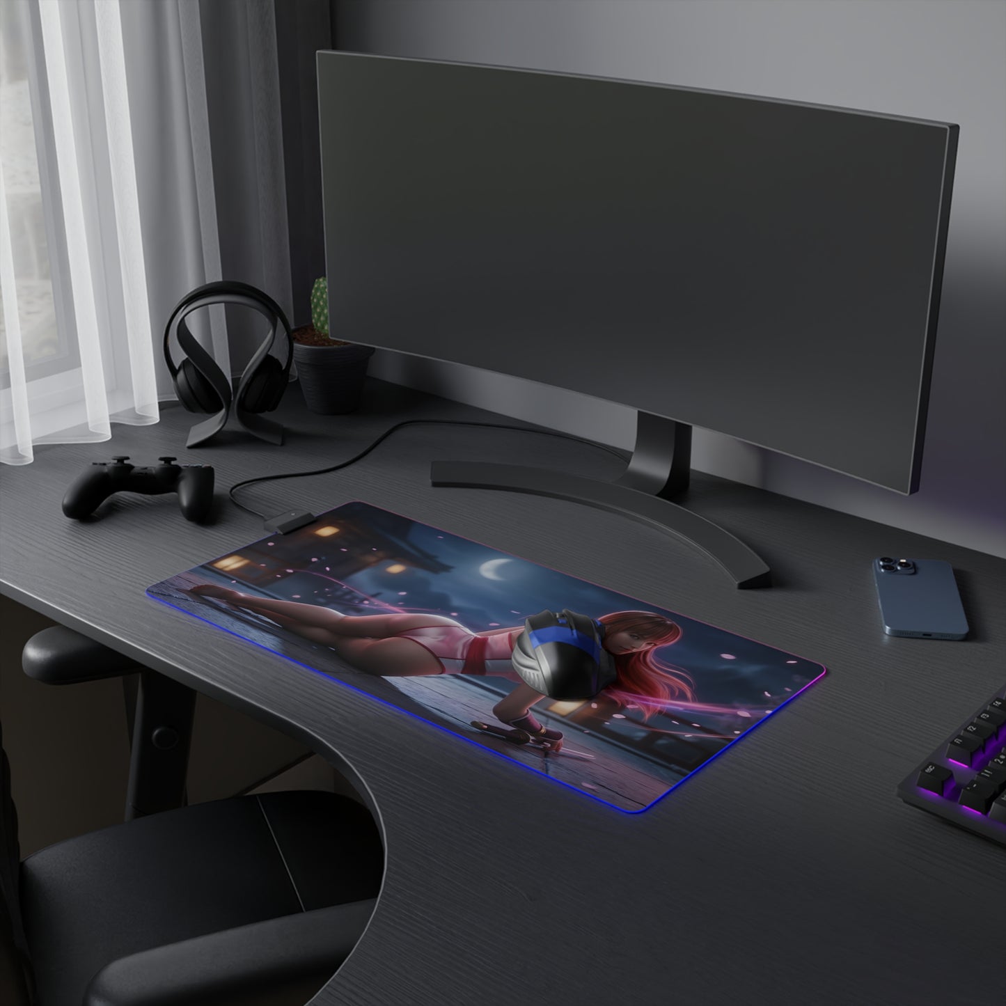 Kasumi RGB Mouse Pad – Fighting Game LED Desk Mat, Gamer Room Decor with heroine artwork, vibrant edge lighting and anti-slip base
