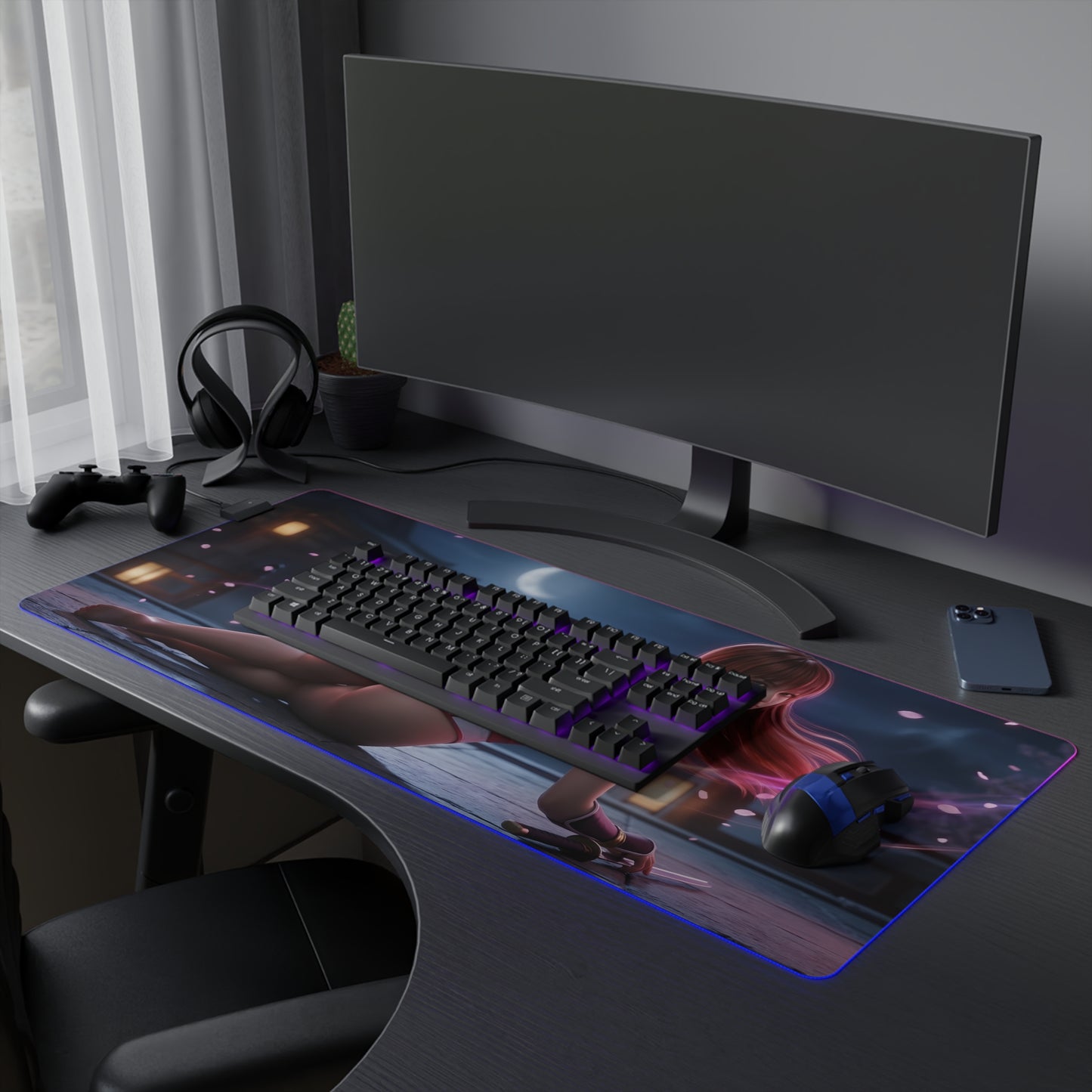 Kasumi RGB Mouse Pad – Fighting Game LED Desk Mat, Gamer Room Decor with heroine artwork, RGB edge lighting, extended anti-slip gaming desk mat