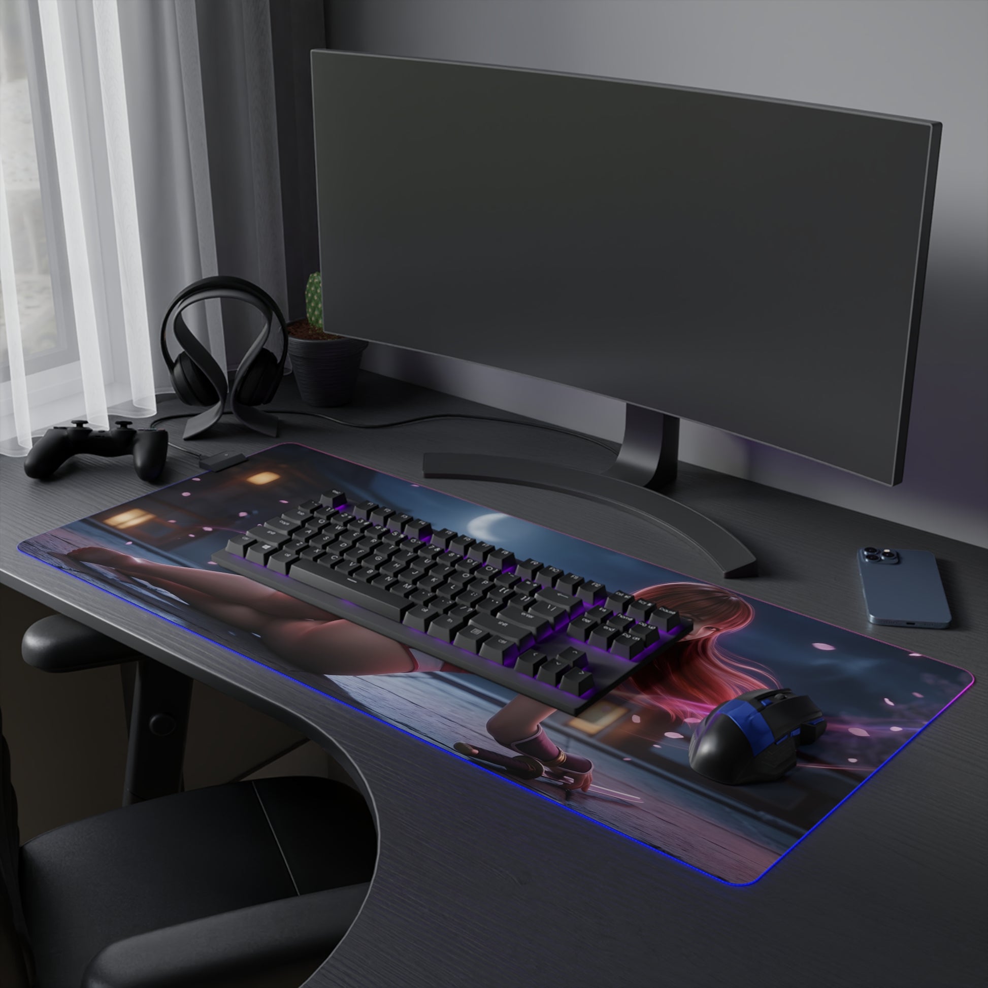 Kasumi RGB Mouse Pad – Fighting Game LED Desk Mat, Gamer Room Decor with heroine artwork, RGB edge lighting, extended anti-slip gaming desk mat