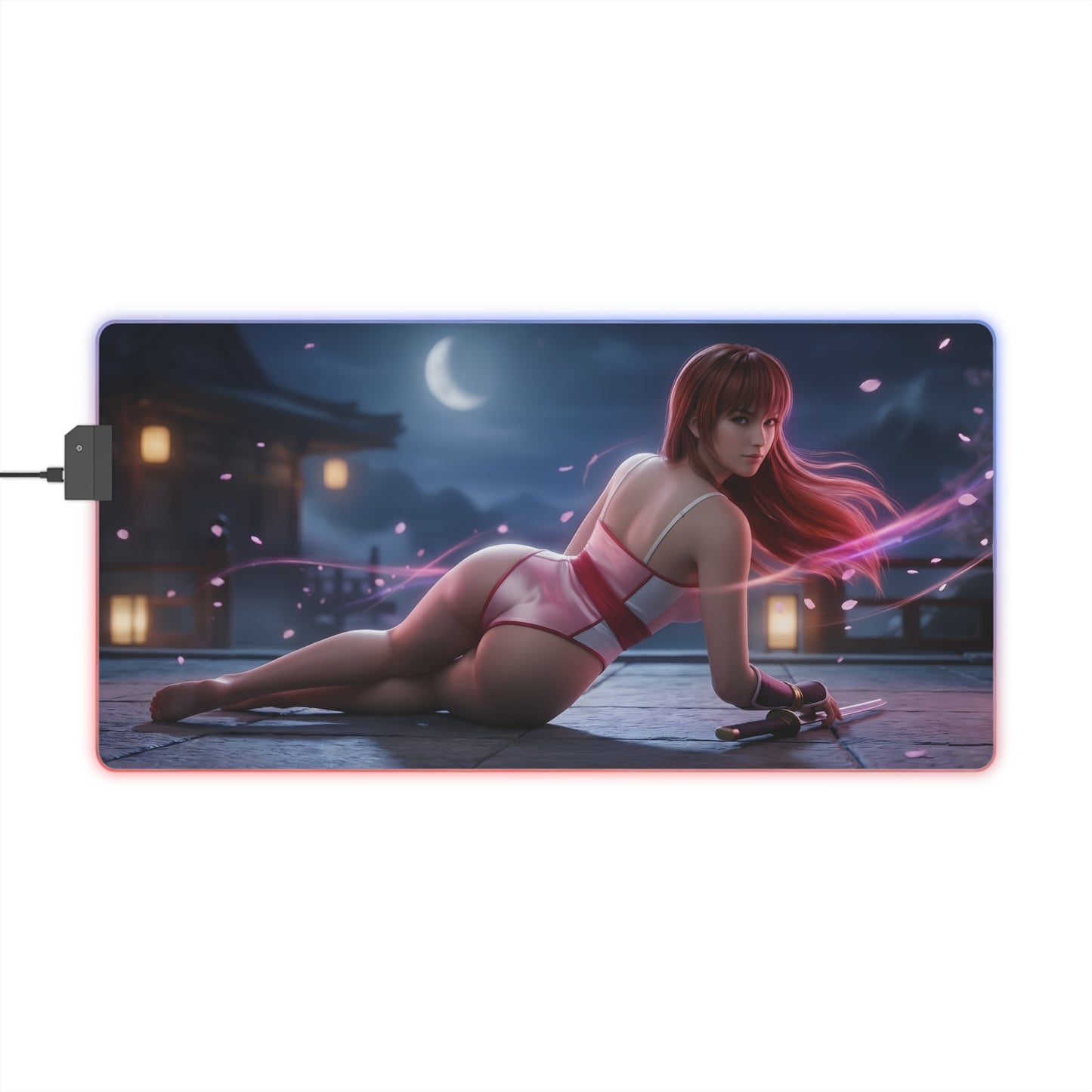 Kasumi RGB Mouse Pad – Fighting Game LED Desk Mat, Gamer Room Decor featuring heroine artwork, vibrant RGB edge lighting, extended anti-slip desk mat