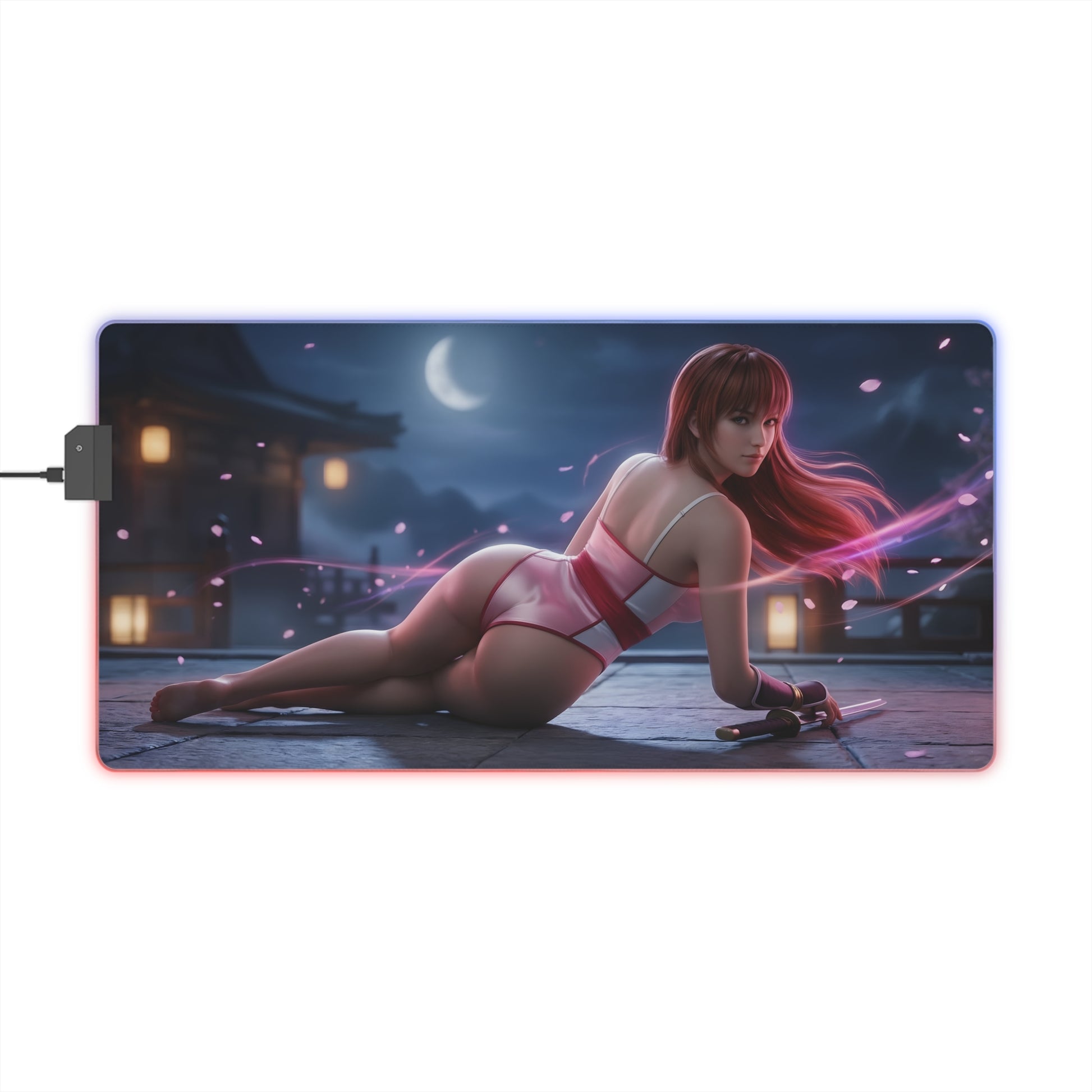 Kasumi RGB Mouse Pad – Fighting Game LED Desk Mat, Gamer Room Decor featuring heroine artwork, vibrant RGB edge lighting, extended anti-slip desk mat