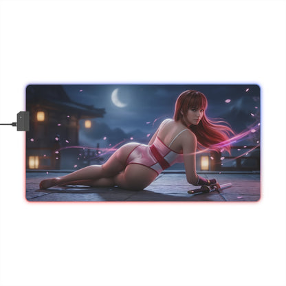 Kasumi RGB Mouse Pad – Fighting Game LED Desk Mat, Gamer Room Decor featuring heroine artwork, vibrant RGB edge lighting, extended anti-slip desk mat