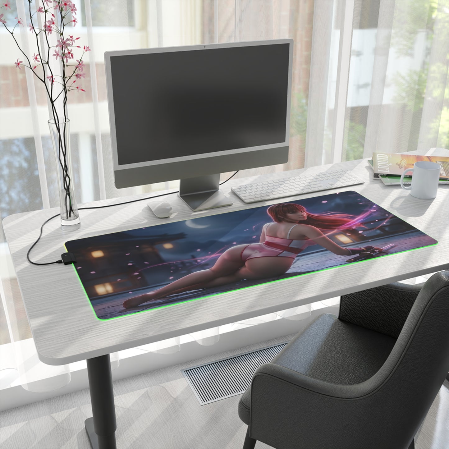 Kasumi RGB Mouse Pad – Fighting Game LED Desk Mat, Gamer Room Decor LED desk mat with fighting game heroine artwork, RGB edge lighting