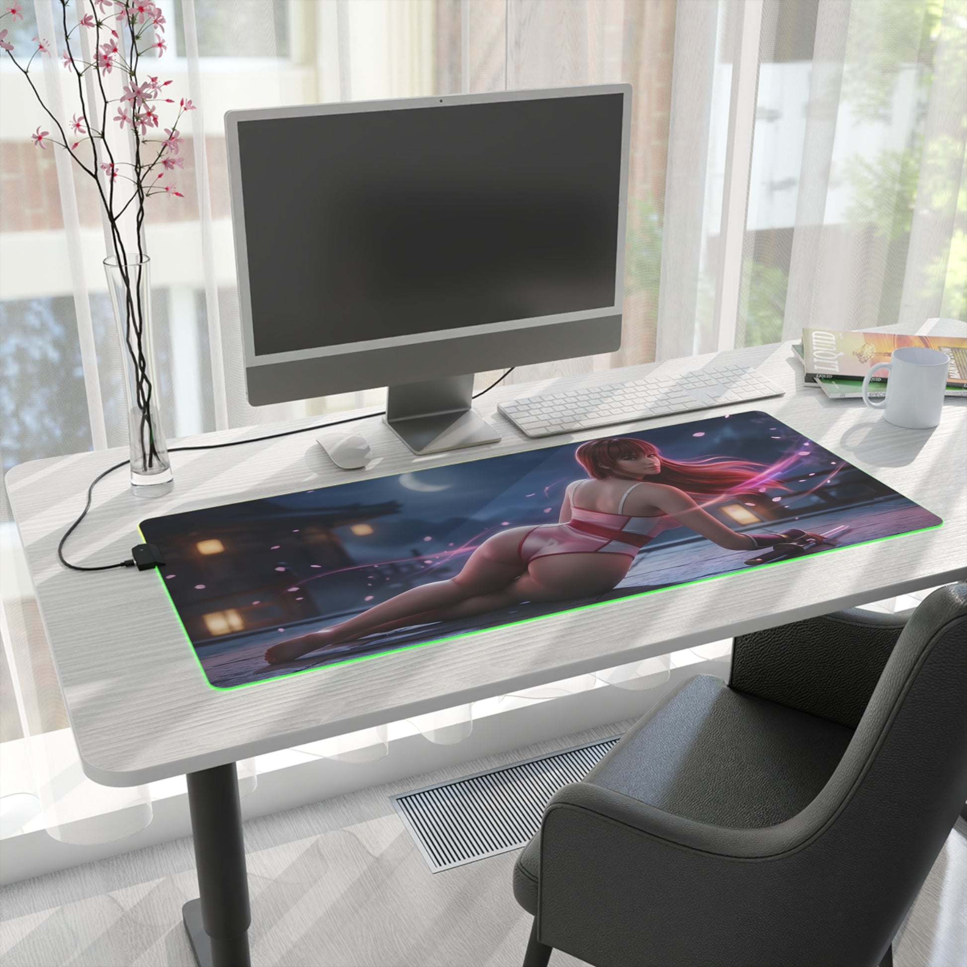Kasumi RGB Mouse Pad – Fighting Game LED Desk Mat, Gamer Room Decor LED desk mat with fighting game heroine artwork, RGB edge lighting