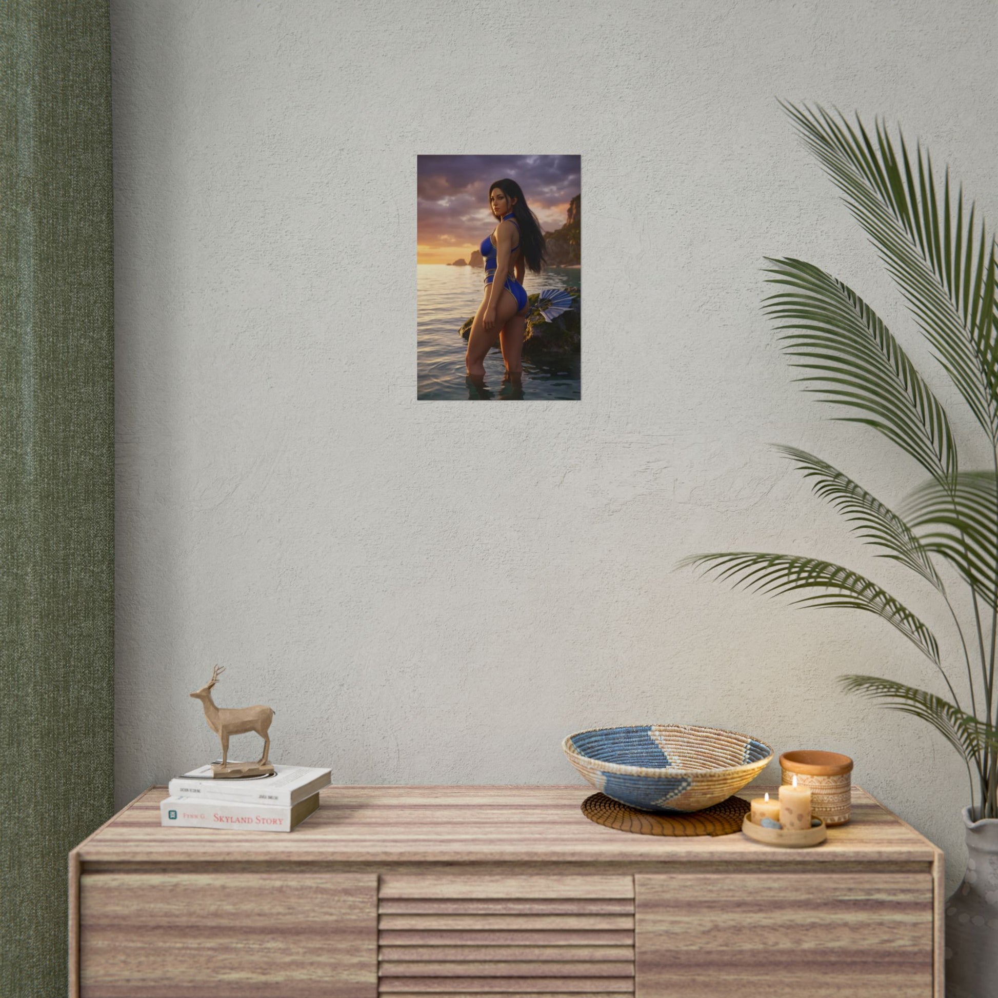 Mortal Kombat Poster – Kitana Art Print, Fighting Game Wall Art showing Kitana in blue outfit at sunset on rocky shoreline