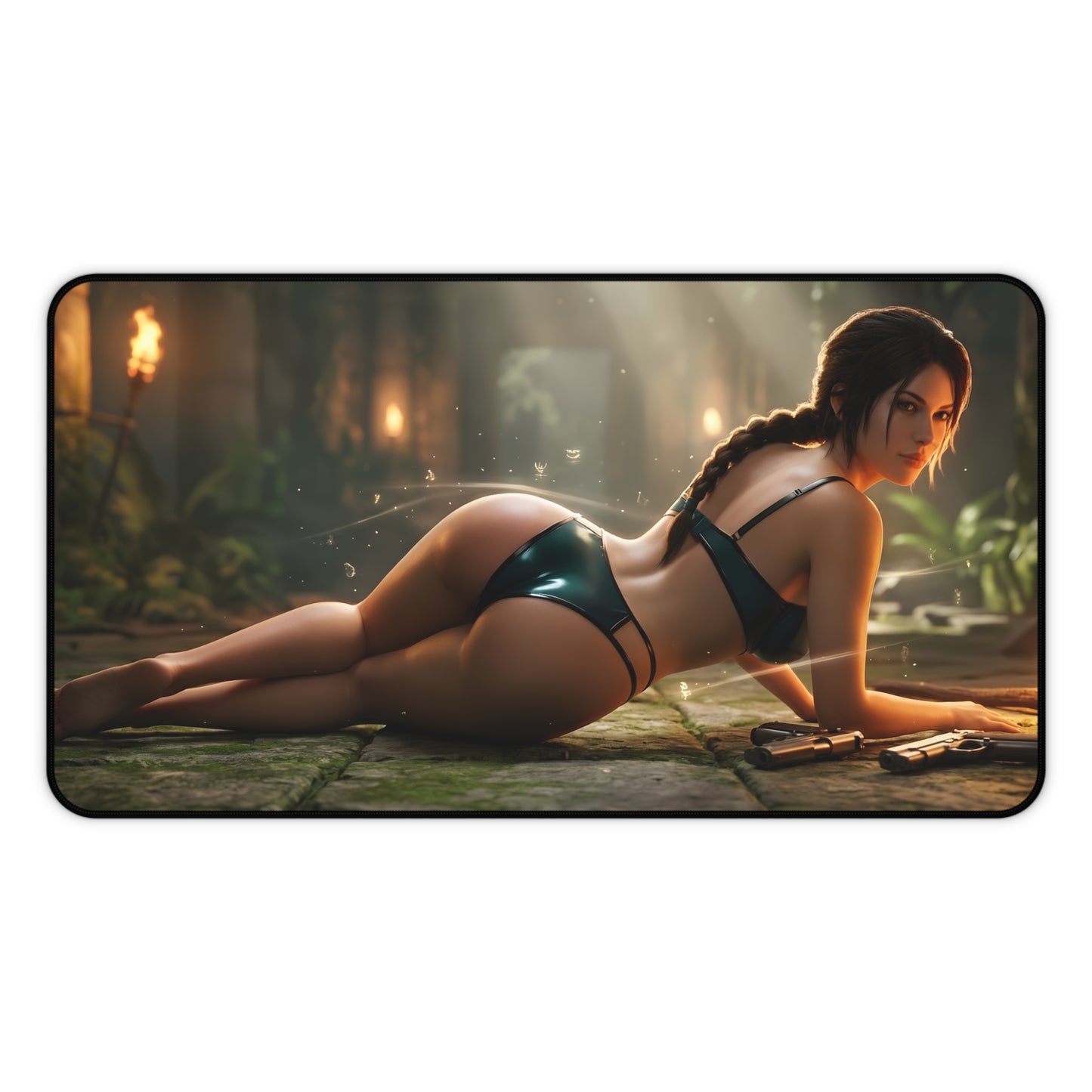 Lara Croft Mouse Pad – Adventure Game Gaming Mouse Pad, Stylish Gamer Desk Decor featuring reclining Lara Croft artwork on premium stitched gaming surface