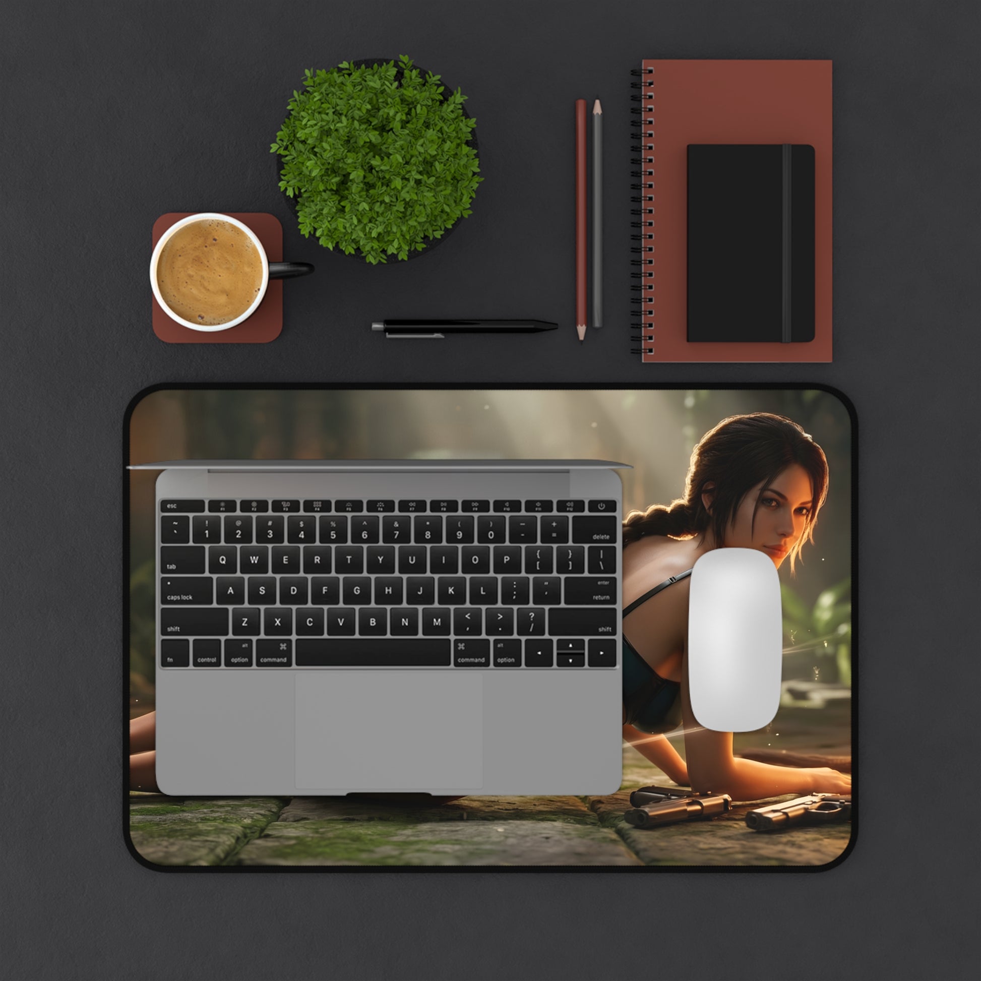 Lara Croft Mouse Pad – Adventure Game Gaming Mouse Pad, Stylish Gamer Desk Decor on a gaming desk with laptop, mouse, and action-inspired artwork
