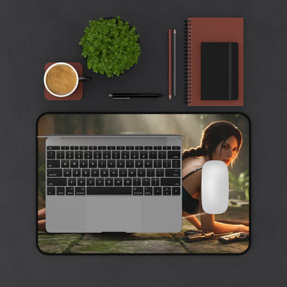 Lara Croft Mouse Pad – Adventure Game Gaming Mouse Pad, Stylish Gamer Desk Decor on a gaming desk with laptop, mouse, and action-inspired artwork