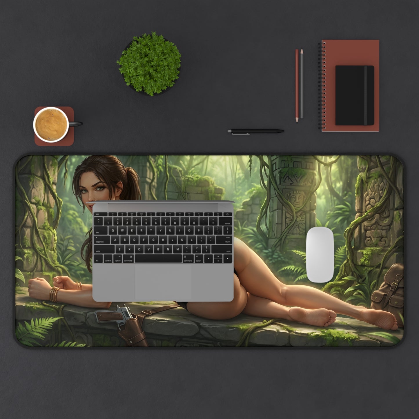 Lara Croft Mouse Pad – Tomb Raider Gaming Mouse Pad, Stylish Gamer Desk Decor featuring reclining Lara Croft jungle artwork on a large gaming desk pad