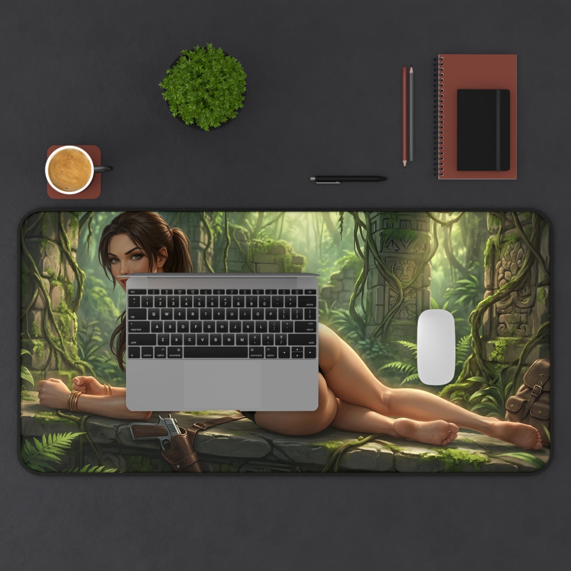 Lara Croft Mouse Pad – Tomb Raider Gaming Mouse Pad, Stylish Gamer Desk Decor featuring reclining Lara Croft jungle artwork on a large gaming desk pad