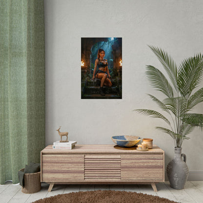 Lara Croft Poster / Lara Croft Wall Art / Lara Croft Art Print / Adventure Game Poster featuring Lara Croft in jungle temple, cinematic lighting and tactical gear