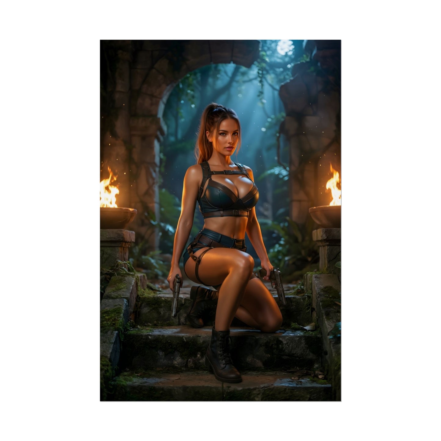 Lara Croft Poster / Lara Croft Wall Art / Lara Croft Art Print / Adventure Game Poster featuring Lara Croft in jungle temple, tactical gear, dual pistols, dramatic lighting