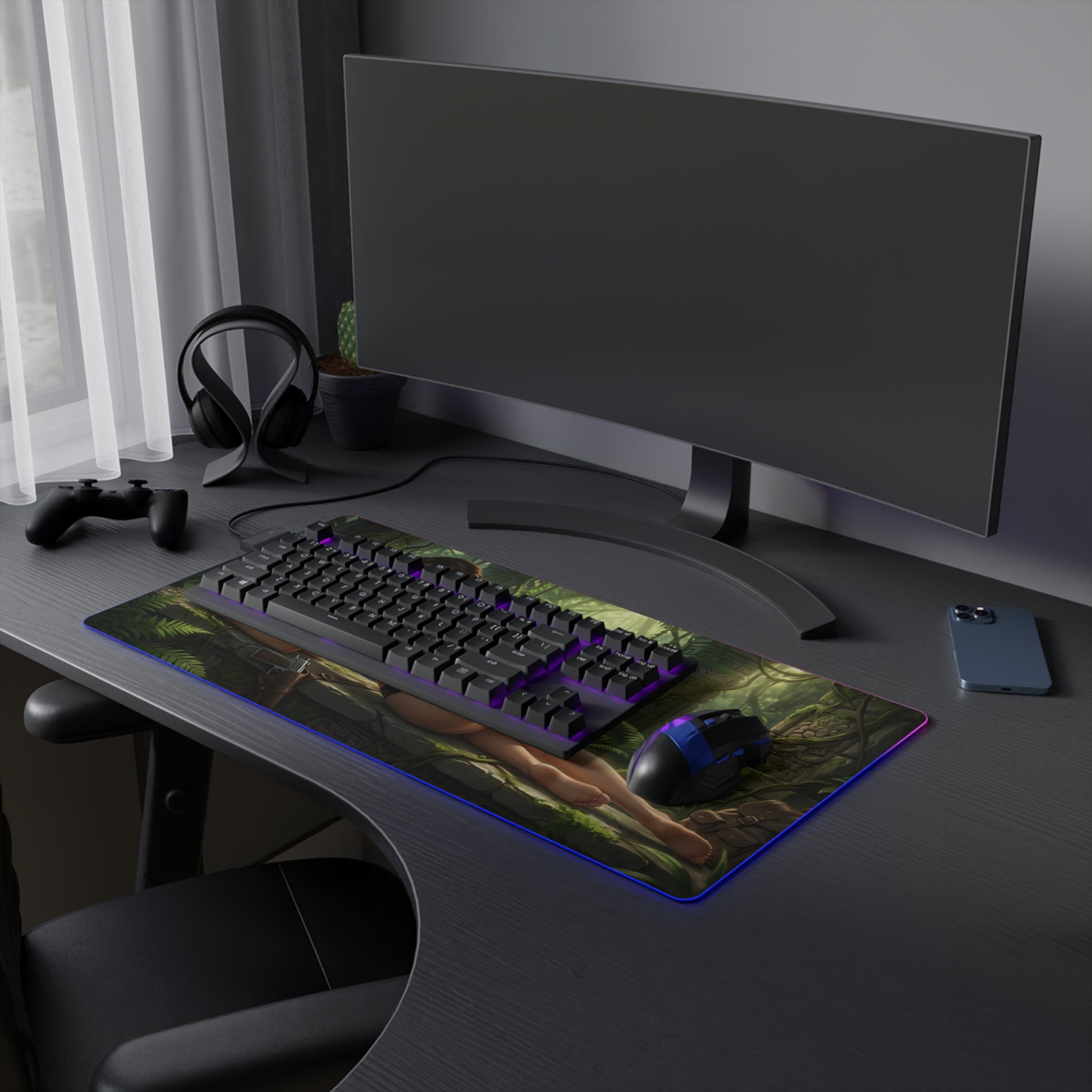 Lara Croft RGB Mouse Pad – Tomb Raider LED Desk Mat, Adventure Gamer Decor on black gaming desk with keyboard and RGB lighting
