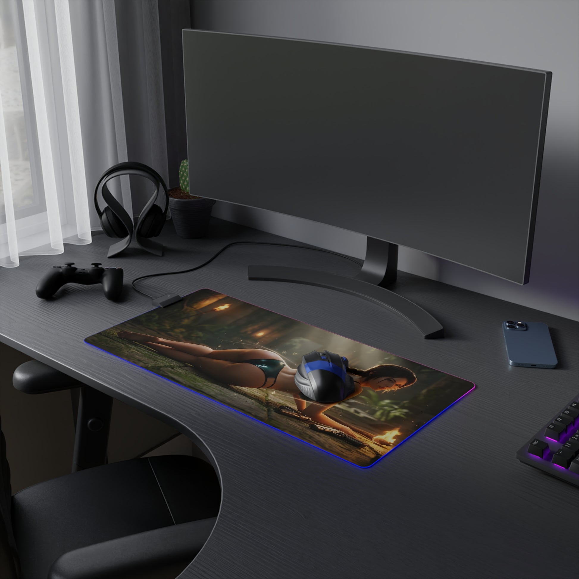 Lara Croft RGB Mouse Pad – Tomb Raider LED Desk Mat, Adventure Gamer Setup showing heroine artwork, smooth tracking, vibrant edge lighting