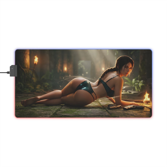 Lara Croft RGB Mouse Pad – Tomb Raider LED Desk Mat, Adventure Gamer Setup showing HD Lara Croft artwork on extended RGB desk mat