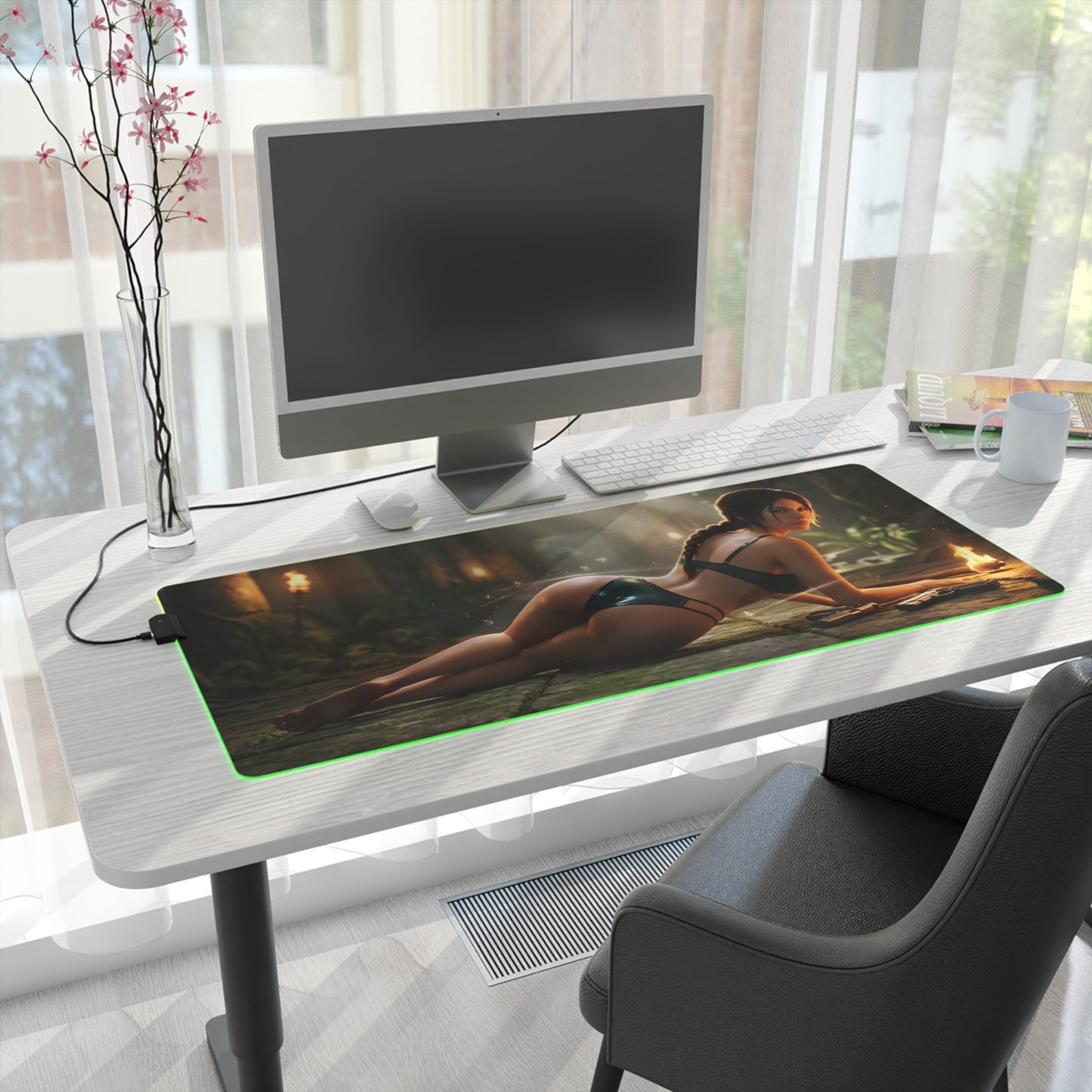 Lara Croft RGB Mouse Pad – Tomb Raider LED Desk Mat, Adventure Gamer Setup on white desk with green edge lighting and HD character art