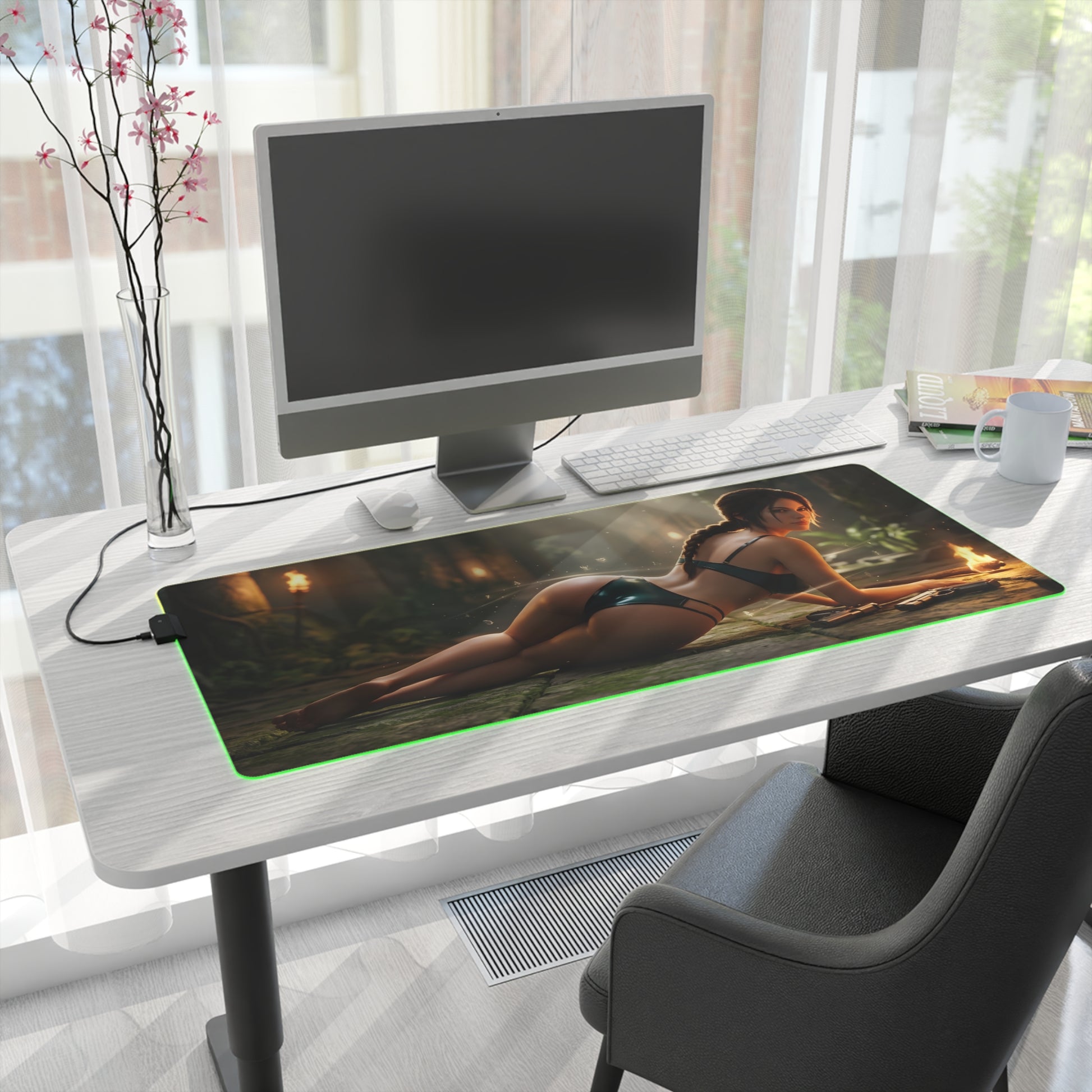 Lara Croft RGB Mouse Pad – Tomb Raider LED Desk Mat, Adventure Gamer Setup on white desk with green edge lighting and HD character art