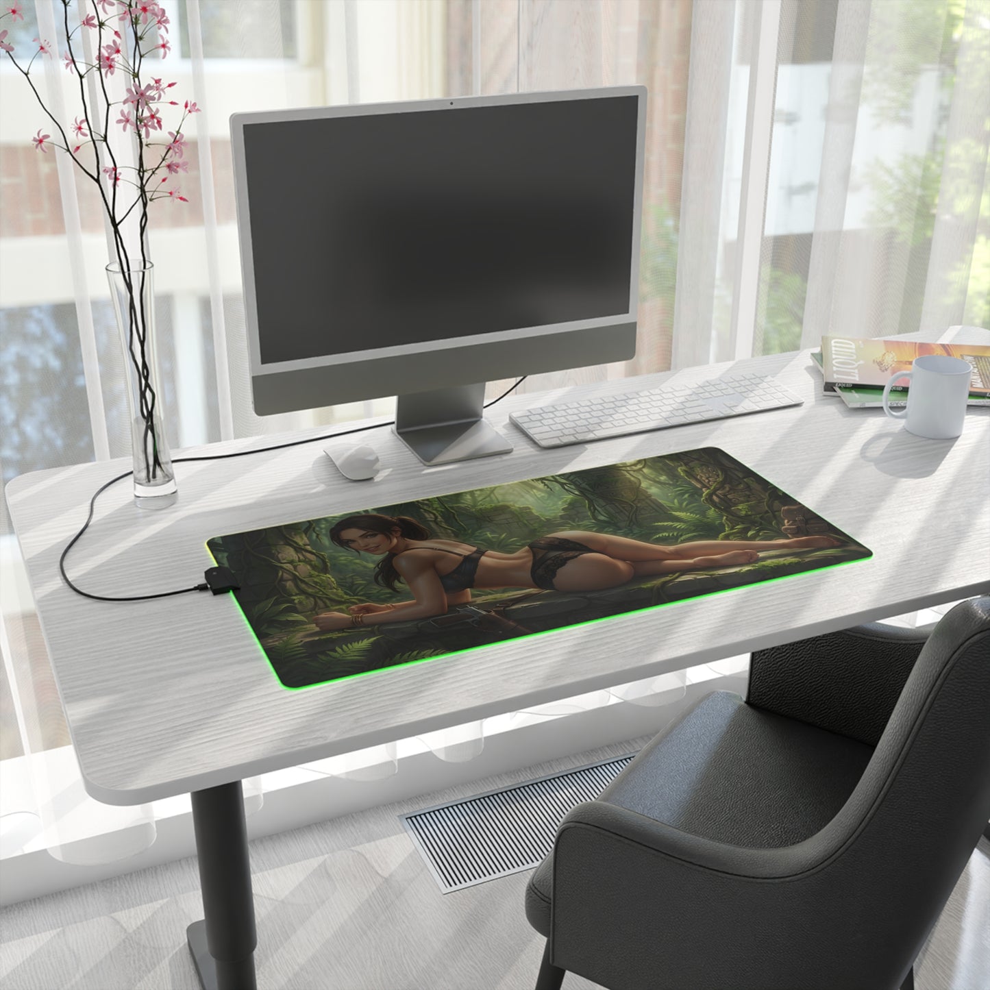 Lara Croft RGB Mouse Pad – Tomb Raider LED Desk Mat, Adventure Gamer Decor on modern gaming desk with green edge lighting and full keyboard coverage