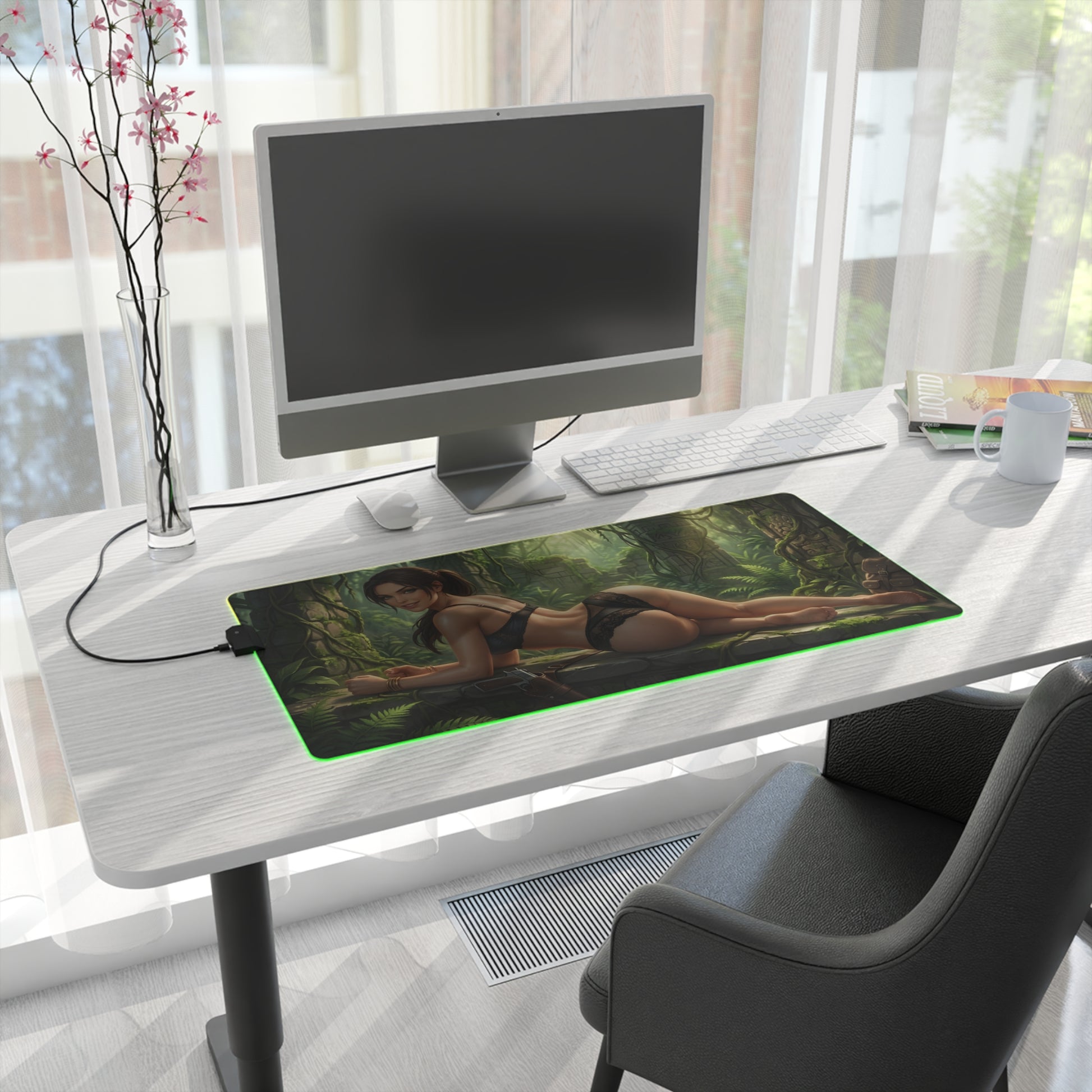 Lara Croft RGB Mouse Pad – Tomb Raider LED Desk Mat, Adventure Gamer Decor on modern gaming desk with green edge lighting and full keyboard coverage