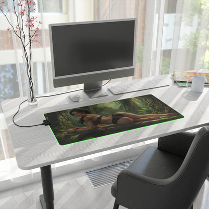 Lara Croft RGB Mouse Pad – Tomb Raider LED Desk Mat, Adventure Gamer Decor on modern gaming desk with green edge lighting and full keyboard coverage