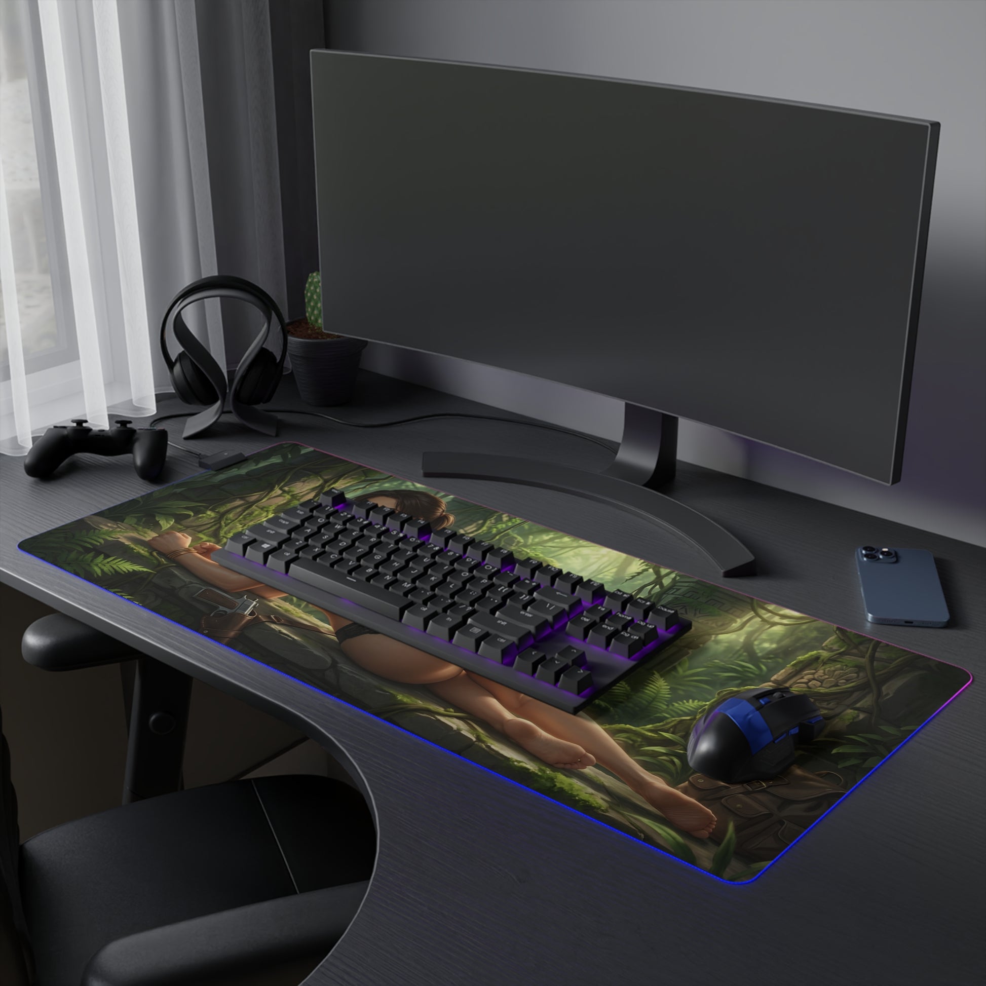 Lara Croft RGB Mouse Pad – Tomb Raider LED Desk Mat, Adventure Gamer Decor showing extended LED mat with character artwork, bright edge lighting, and full keyboard coverage