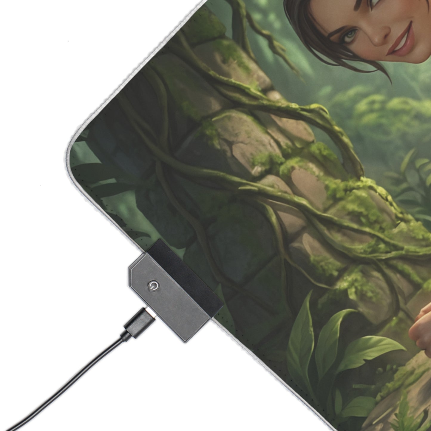 Lara Croft RGB Mouse Pad – Tomb Raider LED Desk Mat, Adventure Gamer Decor – corner view with USB RGB controller and jungle artwork