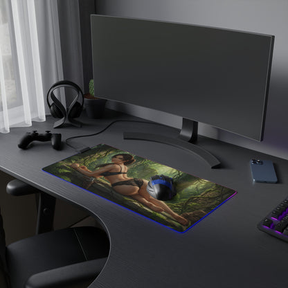 Lara Croft RGB Mouse Pad – Tomb Raider LED Desk Mat, Adventure Gamer Decor on gaming desk with curved monitor and RGB lighting