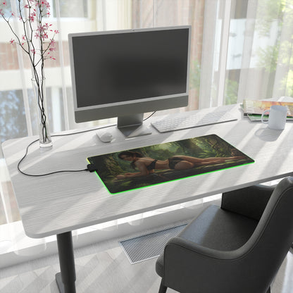 Lara Croft RGB Mouse Pad – Tomb Raider LED Desk Mat, Adventure Gamer Decor on modern gaming desk with green RGB edge lighting