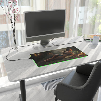 Lara Croft RGB Mouse Pad – Tomb Raider LED Desk Mat, Adventure Gamer Setup on modern white desk with RGB glow and full keyboard coverage