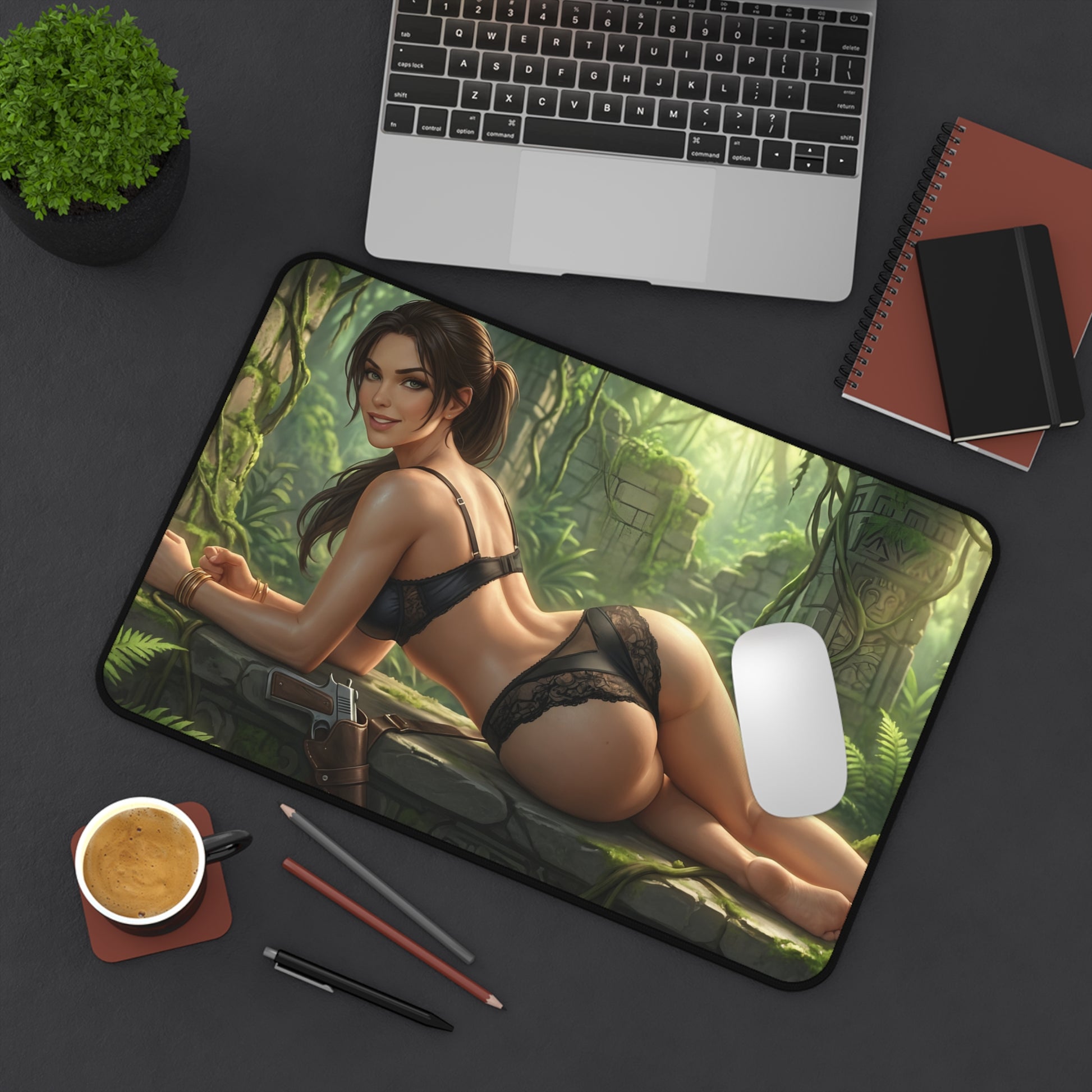 Lara Croft Mouse Pad – Tomb Raider Gaming Mouse Pad, Stylish Gamer Desk Decor on desk with laptop, mouse and coffee