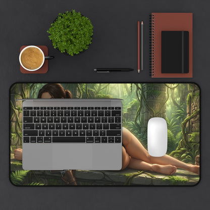 Lara Croft Mouse Pad – Tomb Raider Gaming Mouse Pad, Stylish Gamer Desk Decor on a jungle-themed desk showing smooth tracking and durable stitching