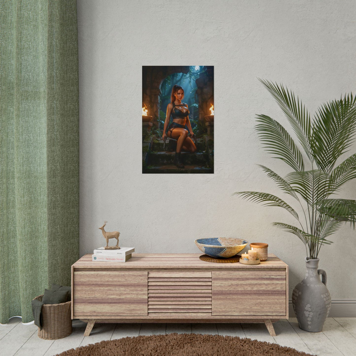 Lara Croft Poster / Lara Croft Wall Art / Lara Croft Art Print / Adventure Game Poster - cinematic jungle temple portrait of Lara Croft in tactical gear