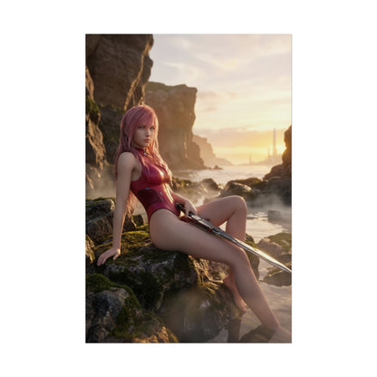 Final Fantasy Poster – Lightning Art Print, Sci-Fi Fantasy Wall Art featuring Lightning seated on rocky shoreline with weapon, golden cinematic skyline