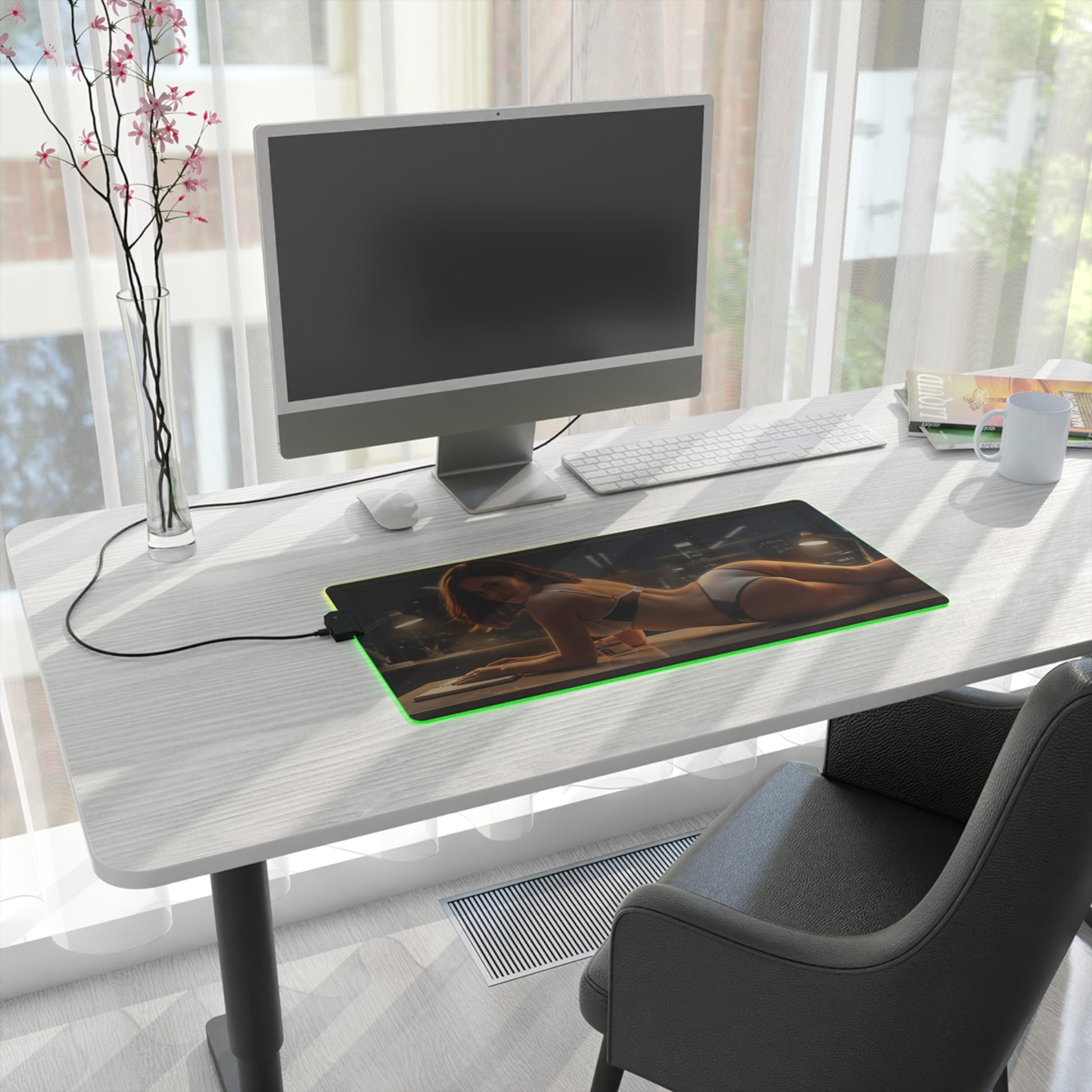 DC Mouse Pad – Lois Lane LED RGB Desk Mat, Superhero Gamer Room Decor, Gift for Comic Fan on modern desk with green RGB edge and newsroom-style art