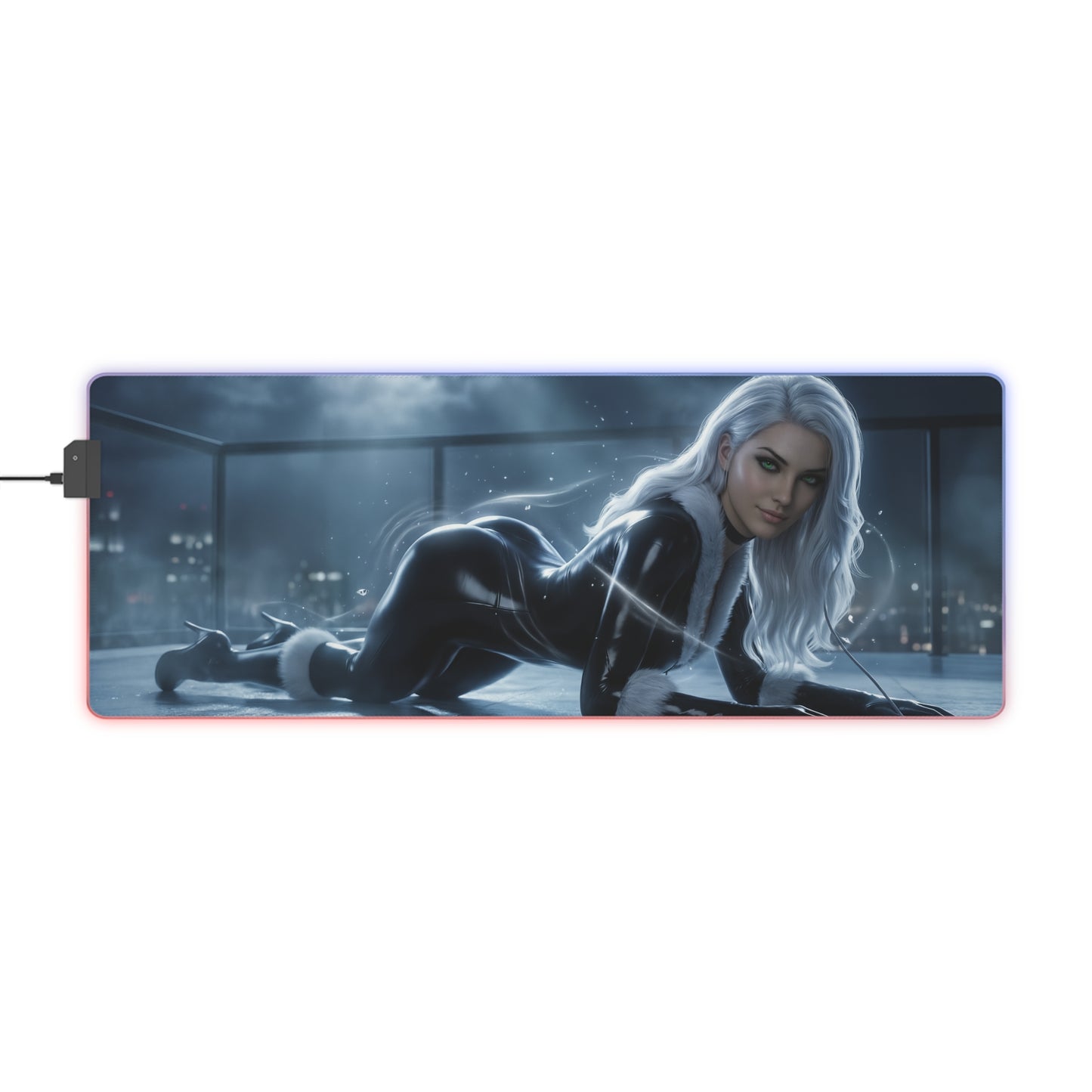 Marvel Mouse Pad, Black Cat LED RGB Desk Mat, Gift for Gamer, RGB Room Decor featuring Black Cat on rooftop precision-cloth gaming desk mat