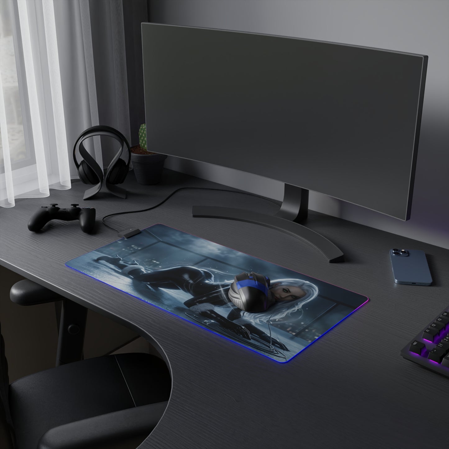 Marvel Mouse Pad, Black Cat LED RGB Desk Mat, Gift for Gamer, RGB Room Decor on gaming desk with curved monitor and RGB lighting