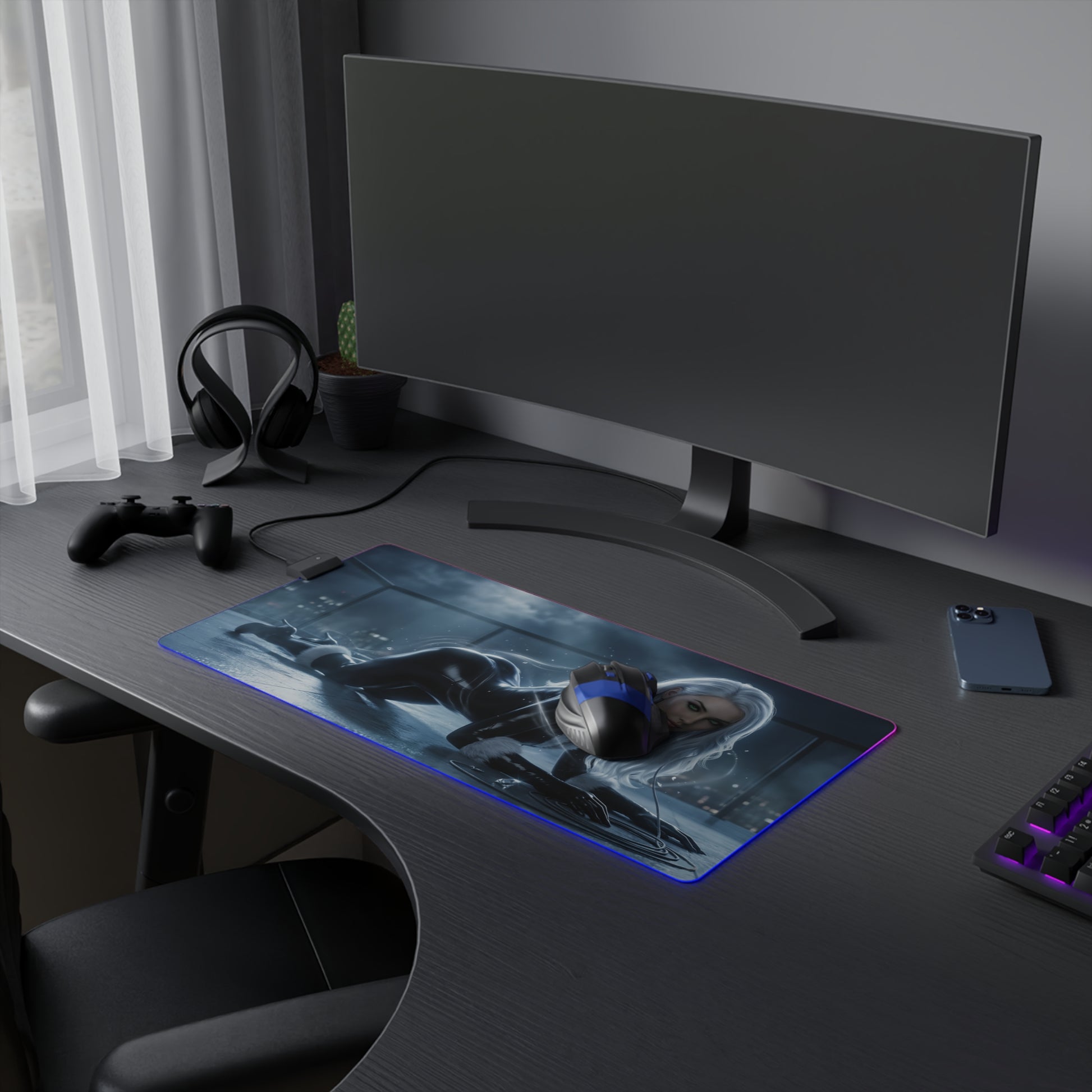 Marvel Mouse Pad, Black Cat LED RGB Desk Mat, Gift for Gamer, RGB Room Decor on gaming desk with curved monitor and RGB lighting
