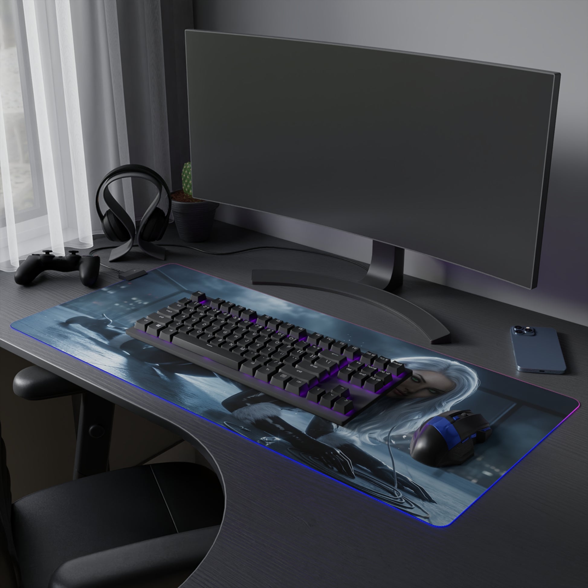 Marvel Mouse Pad, Black Cat LED RGB Desk Mat, Gift for Gamer, RGB Room Decor — sleek Black Cat gaming desk mat with RGB edge lighting