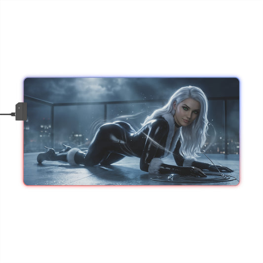 Marvel Mouse Pad, Black Cat LED RGB Desk Mat, Gift for Gamer, RGB Room Decor - Black Cat rooftop artwork on RGB gaming desk mat